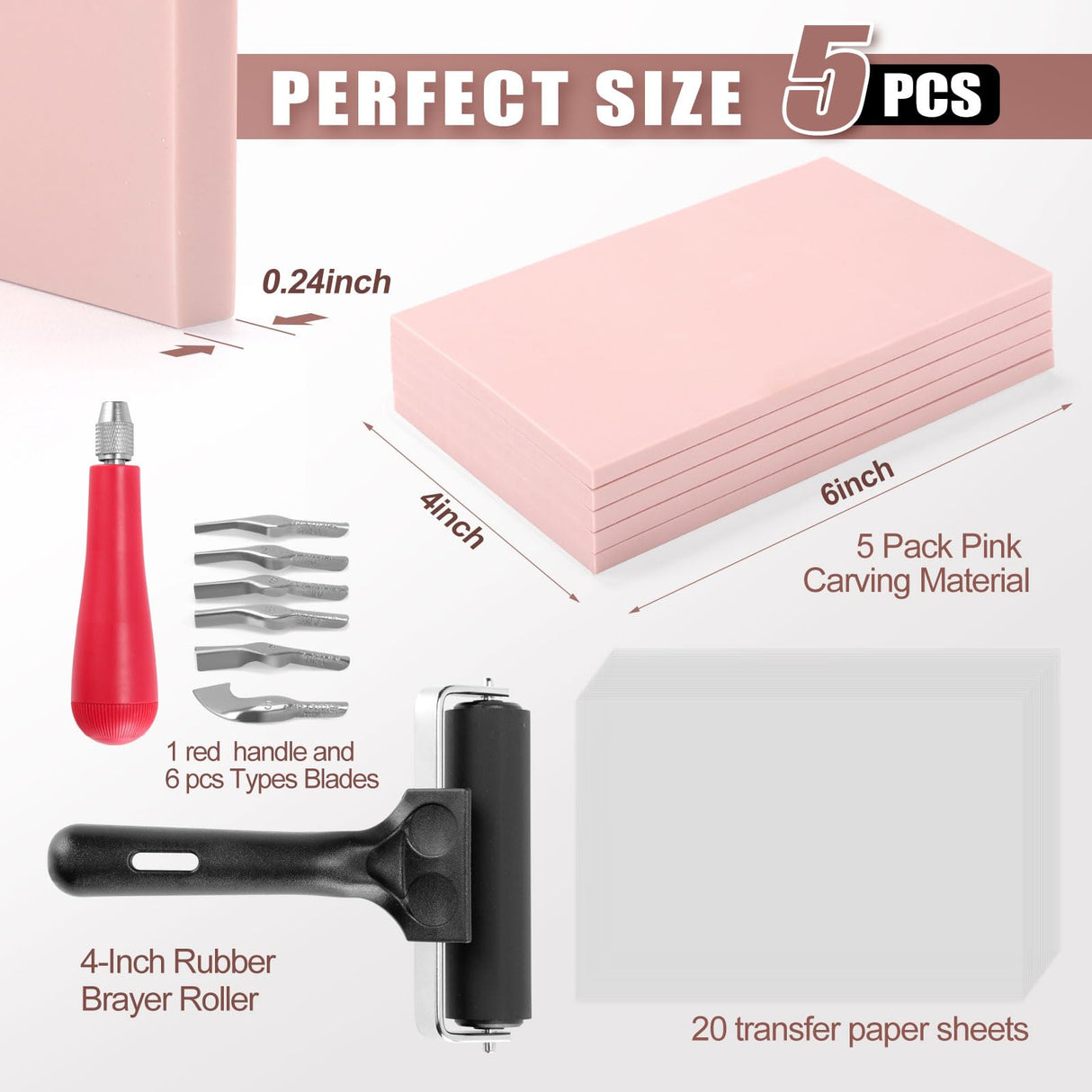 Linocut Kit for Printmaking with 5PCS 4"x6" Soft Rubber Linoleum Blocks, Brayer & Carving Tools – Block Printing & Stamp Making Supplies for Beginners & Artists Bobblebro