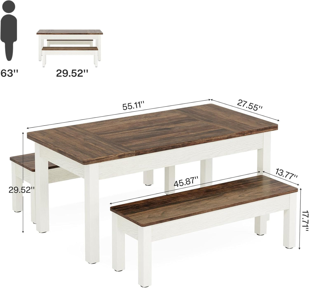 Tribesigns 55-Inch Kitchen Table Set for 4-6 People, Farmhouse Space Saving Dining Table with 2 Benches, 3 Pieces Wooden Dinette Set for Small Space, Breakfast Nook, Restaurant (White and Brown) Tribesigns