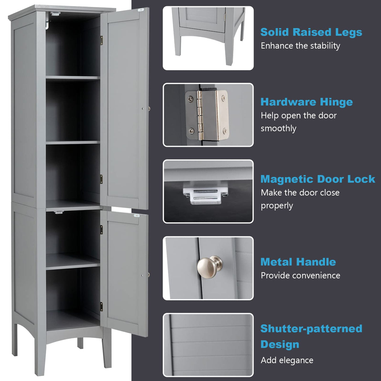 Tangkula 5-Tier Freestanding Grey Bathroom Storage Cabinet with Doors and Shelves Tangkula