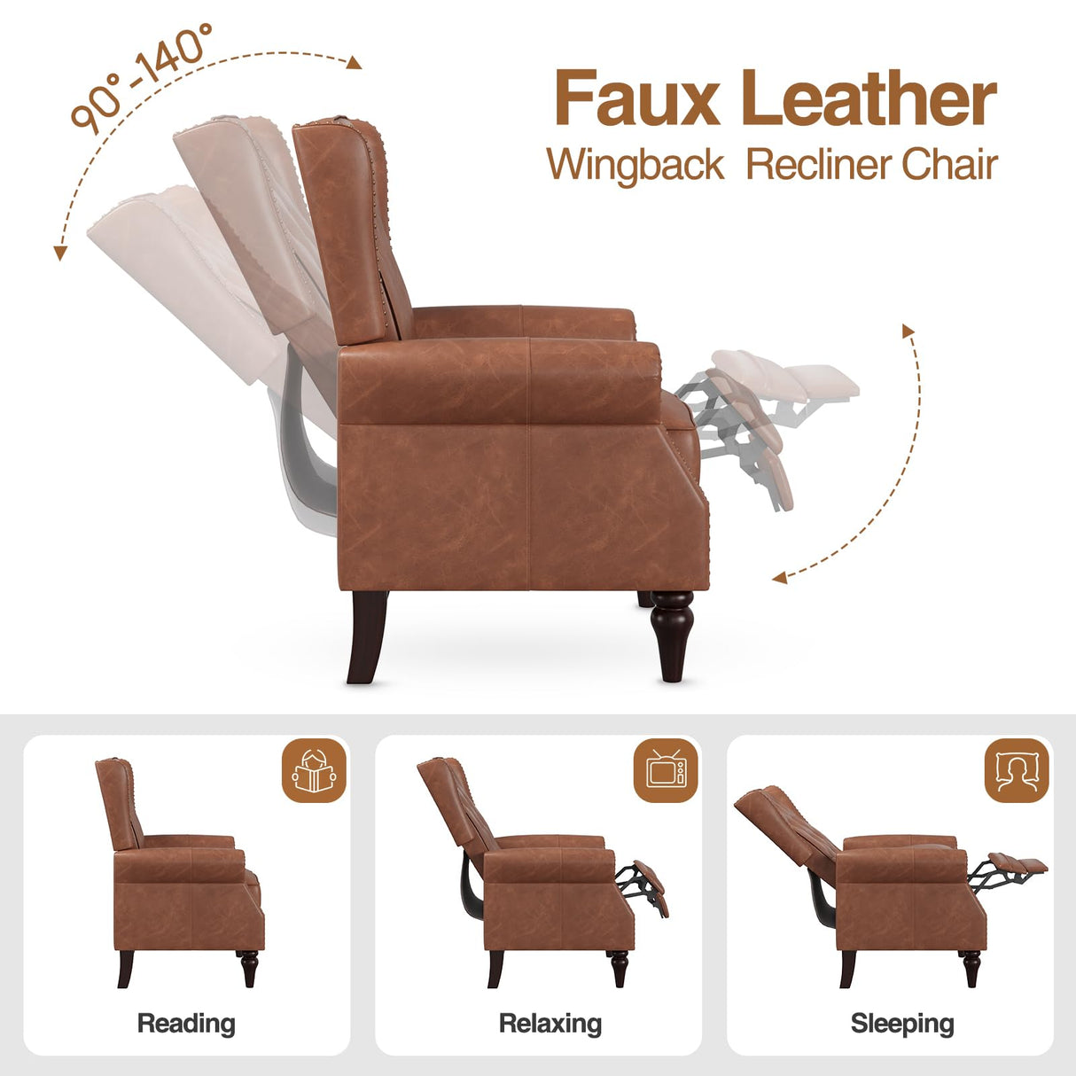 Small Recliner Chair, Single Sofa Recliner Chair with Wingback, Leather Accent Chair with Rivet Decoration for Living Room Bedroom Club Cafe, Matt Brown FiveWillowise