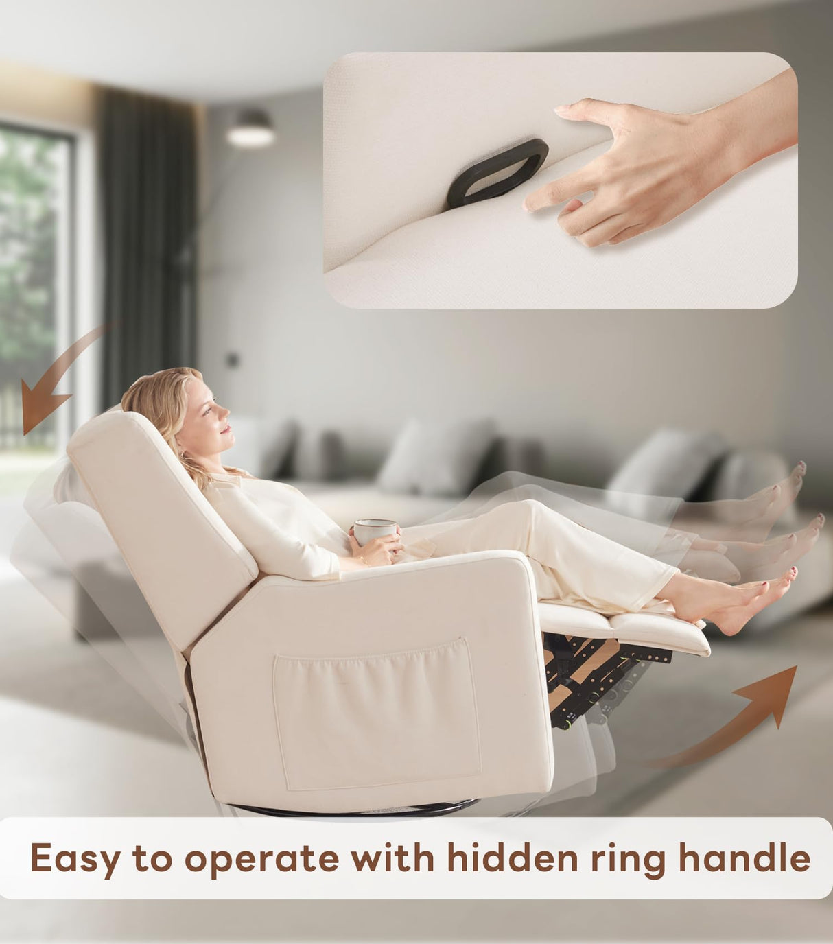 Tbfit 360° Swivel Recliner Chair, Nursery Rocking Chair with Lumbar Support & Footrest for Bedroom, Comfy Upholstered Armchair with Pillows & Storage Bag for Living Room (Beige, Hidden Ring Handle) Tbfit