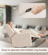 Tbfit 360° Swivel Recliner Chair, Nursery Rocking Chair with Lumbar Support & Footrest for Bedroom, Comfy Upholstered Armchair with Pillows & Storage Bag for Living Room (Beige, Hidden Ring Handle) Tbfit