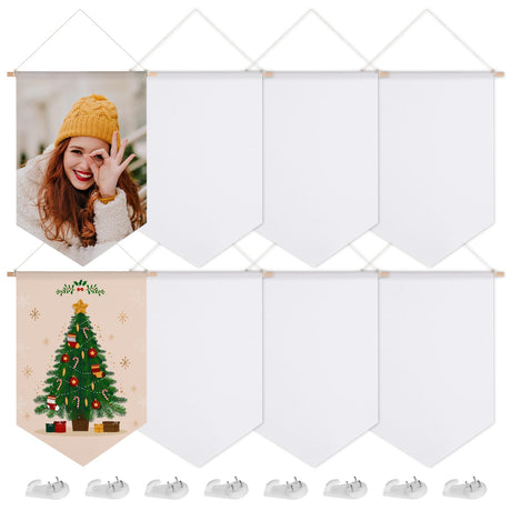 Anjetan 8 Pcs Sublimation Blank Banners, 11.8×17.7in Waterproof Canvas Custom Banners with Wood Sticks/Hanging Ropes/Traceless Nails, Paintable White Banner Signs for Indoor Outdoor Display Anjetan