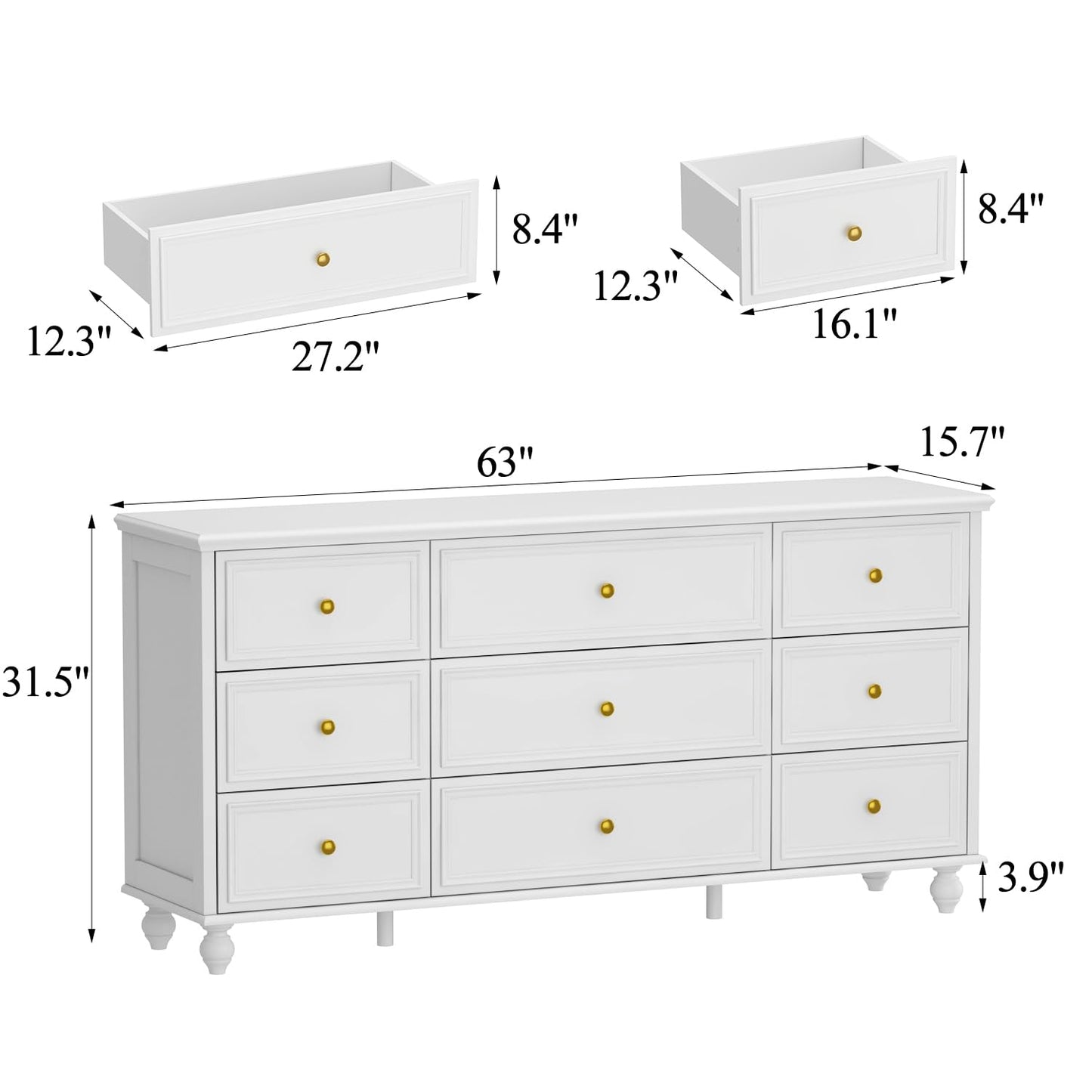 FUNISIR White Dresser 9 Drawer Dresser, Wood Bedroom Dresser, Chest of Drawers for Nursery Storage, Drawer Organizer with Easy Pull Handle for Living Room, Closet, Hallway