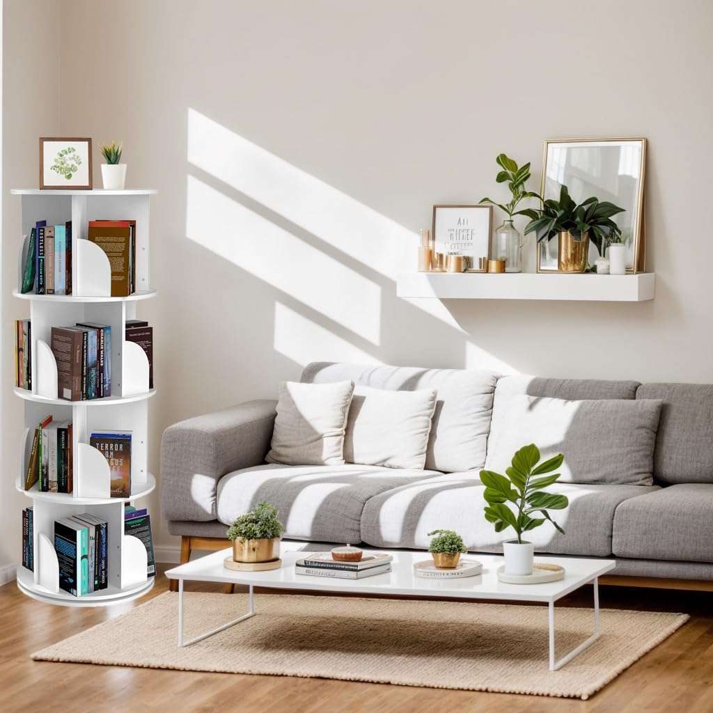 Cuguords 4 Tier Rotating Bookshelf Tower, 360 Degree Revolvin Bookcase,Spinning Bookshelf for Kids&Adults, Floor Standing Bookcase Storage Rack, Wood Narrow Bookshelf for Bedroom, Living Room, White Cuguords
