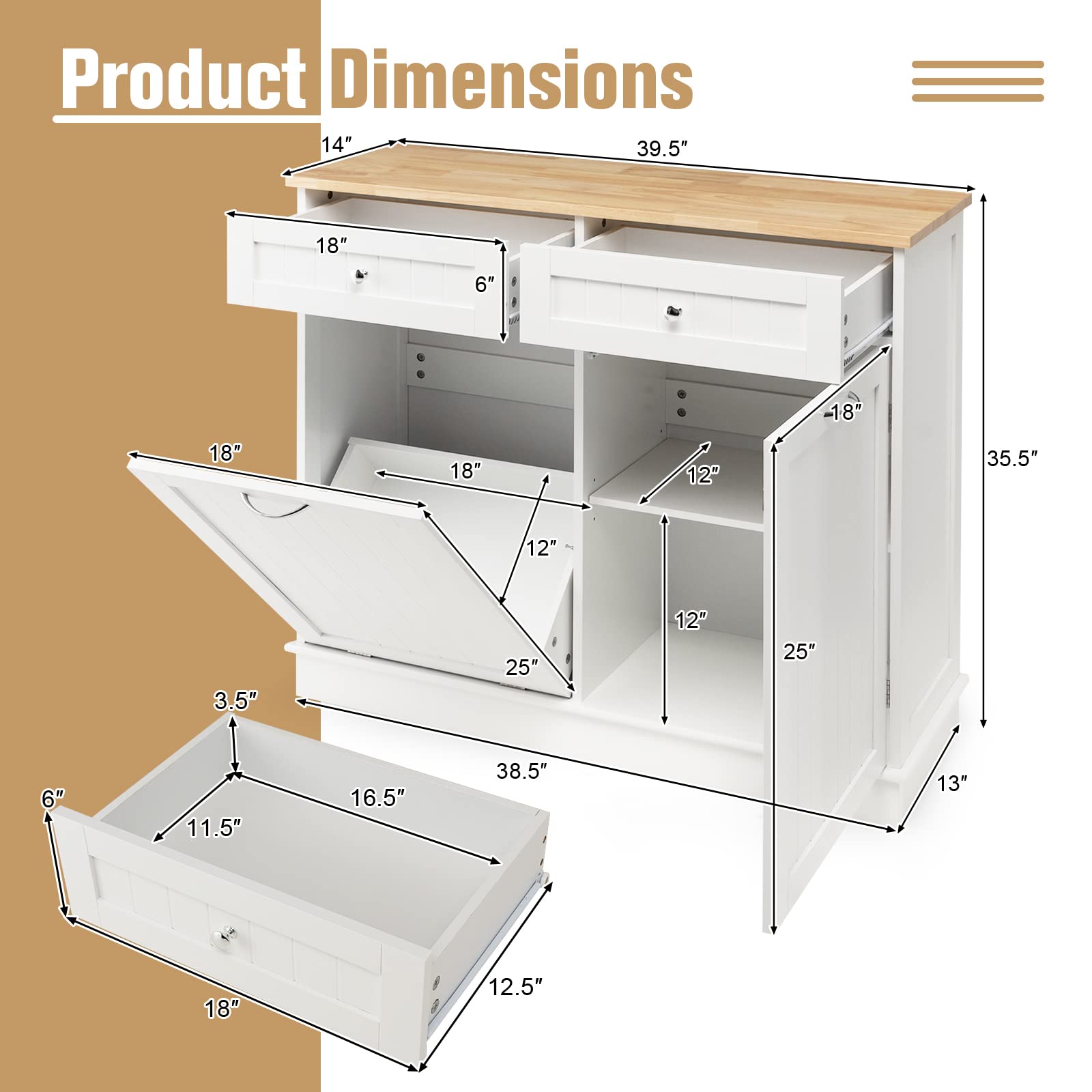 LOKO Tilt Out Trash Cabinet, Kitchen Trash Cabinet with 2 Drawers & Adjustable Shelf, Pet Proof Trash Can Cabinet with Rubber Wood Tabletop, 39.5 x 14 x 35.5 inches (White) - WoodArtSupply