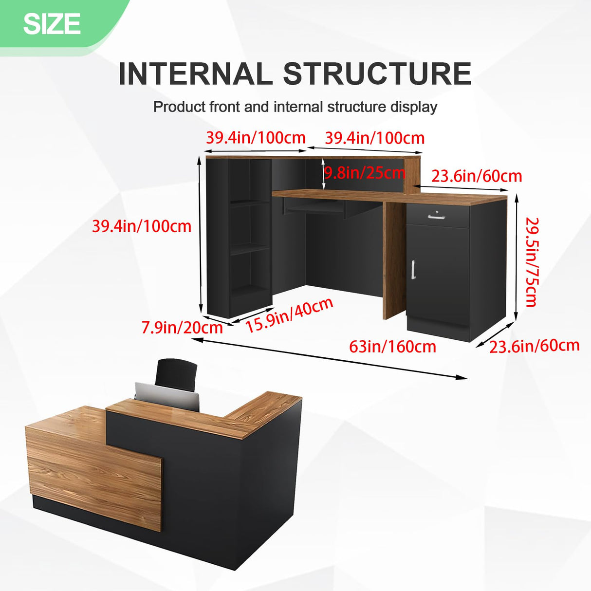 L Shaped Reception Desk with Lockable Drawer and Cable Grommets Front Desk Retail Checkout Counter Table for Salon Lobby Shop Office Reception Room Wood and Black Right 63inch/160cm Generic
