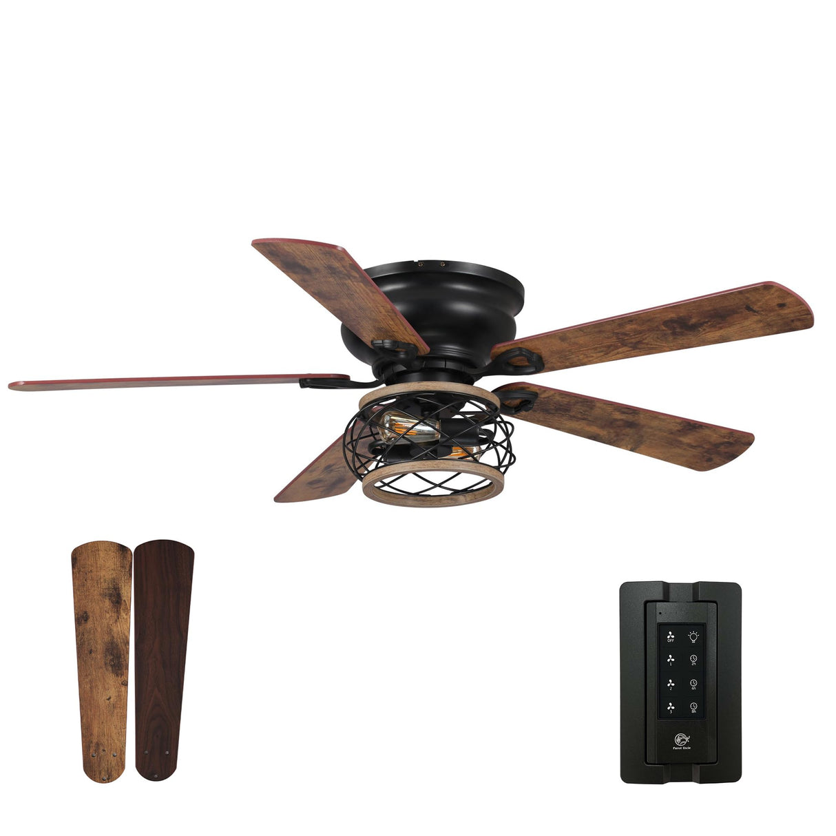 Parrot Uncle Low Profile Ceiling Fans with Lights and Remote, 48 Inch Black Ceiling Fan with Light Flush Mount Farmhouse Rustic Hugger Fan for Bedroom, Reverse Airflow, Timer, FREE Replacement Parrot Uncle