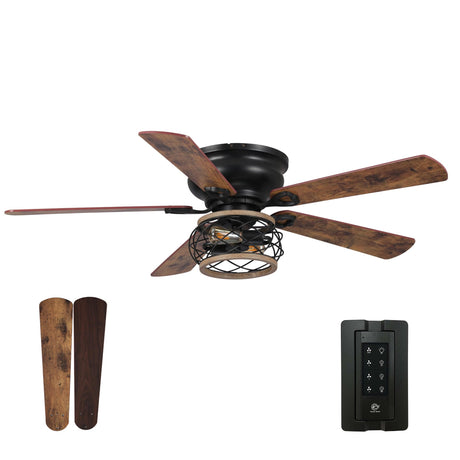 Parrot Uncle Low Profile Ceiling Fans with Lights and Remote, 48 Inch Black Ceiling Fan with Light Flush Mount Farmhouse Rustic Hugger Fan for Bedroom, Reverse Airflow, Timer, FREE Replacement Parrot Uncle
