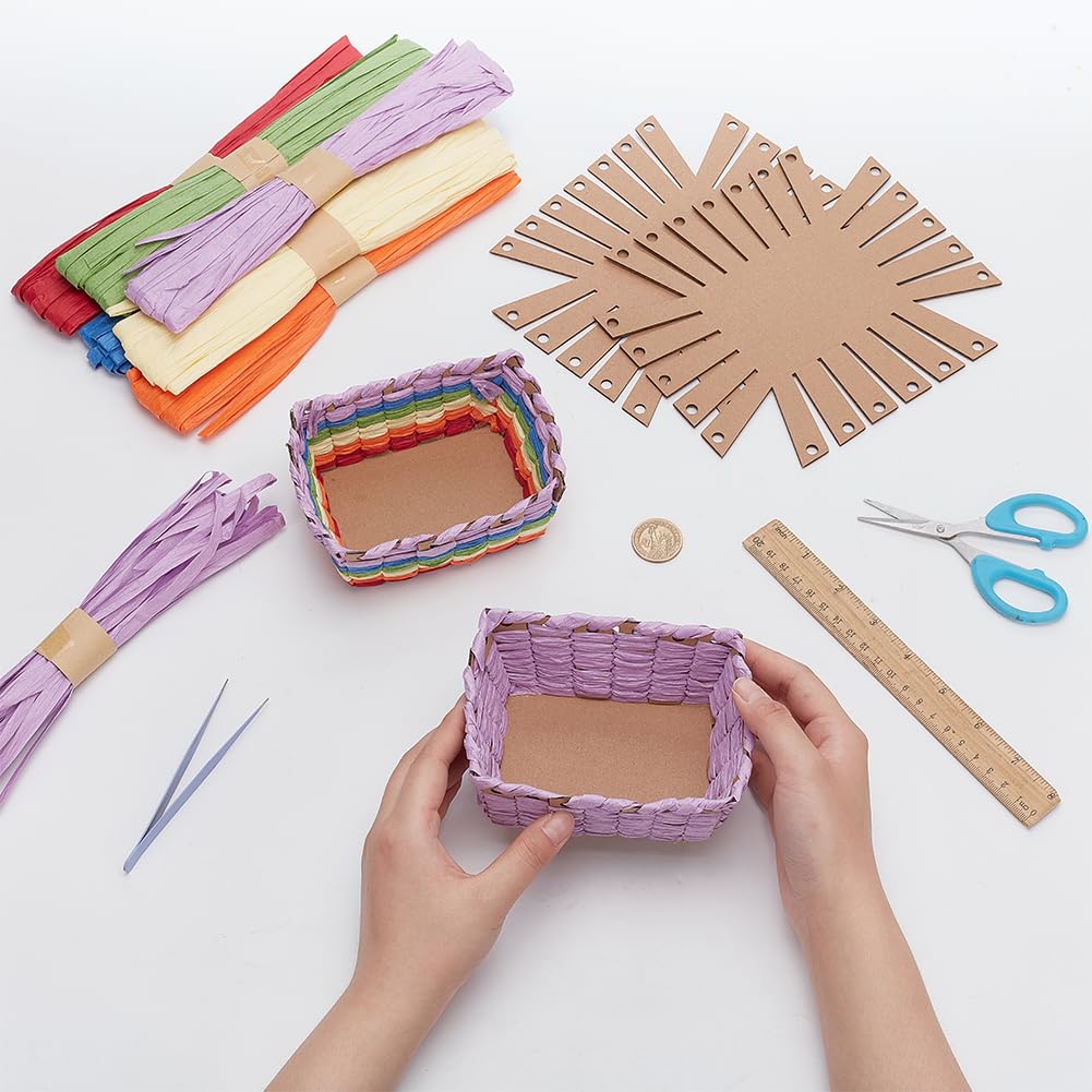 FREEBLOSS 12 Set DIY Basket Weaving Kit Rectangular Raffia Ribbon Basket Creative Woven Bowls for Adults Paper Basket Making Kit for Students Arts and Crafts Projects Basket Activities FREEBLOSS