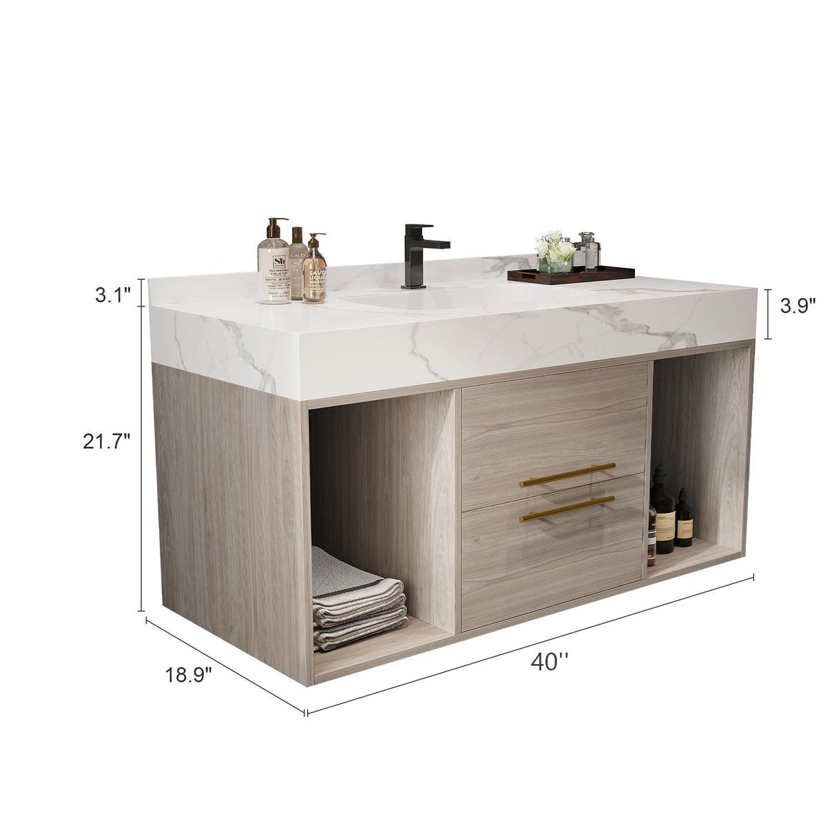 40 Inch Modern Wall Mounted Bathroom Vanity with White Sintered Stone Countertop. Quick Assembly Solid Wood Floating Bathroom Cabinet with 2 Drawers and 2 Storage.White. Glintee