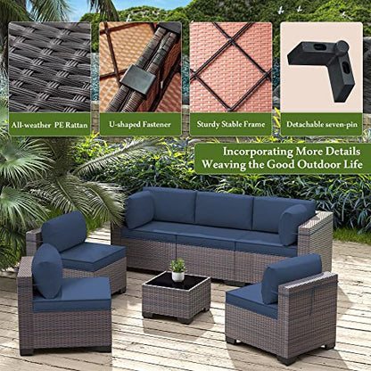 RTDTD Outdoor Patio Furniture Set, 14 Pieces Outdoor Furniture All Weather Patio Sectional Sofa PE Wicker Modular Conversation Sets with Coffee Table,12 Chairs & Seat Clips(Dark Blue) - WoodArtSupply