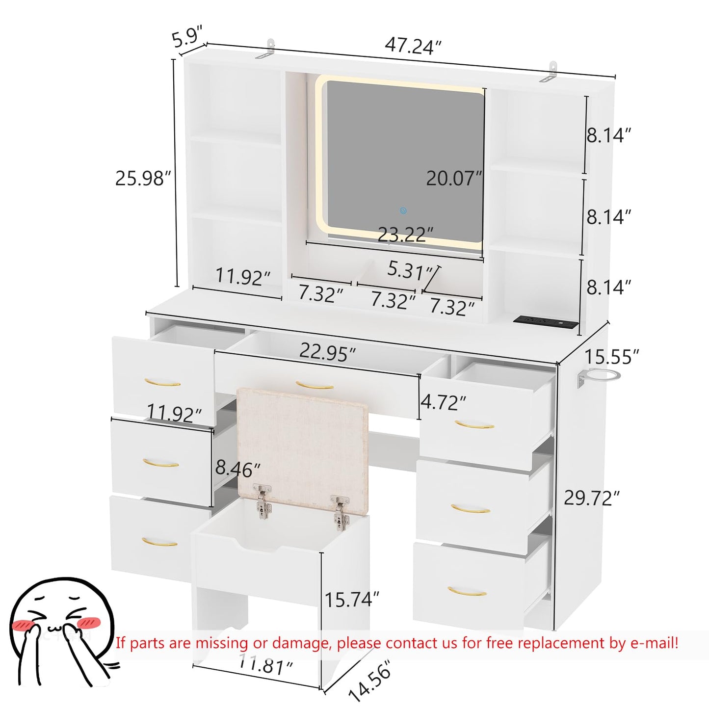 jiteentarou 47" Large Vanity Desk with Mirror and Lights, LED White Vanity Set with Stool and Power Outlet, Lighted Make up Vanity Desk with Drawers and 3 Lighting Modes for Women, Girls(Whit - WoodArtSupply