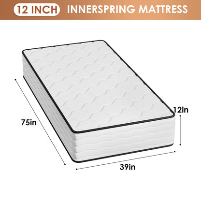 PayLessHere 12 Inch Innerspring Mattress in a Box with Bamboo Charcoal Gel Memory Foam Fiberglass Free CertiPUR-US Certified Medium Firm Spring Mattress Pressure Relief,Twin