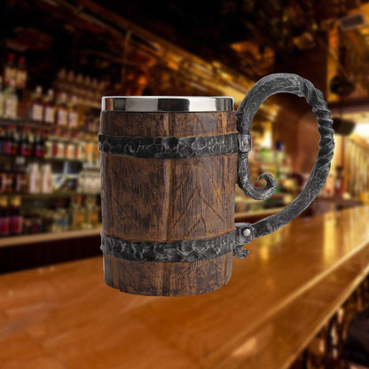 Wooden Barrel-Beer Mug, 650 ml Wood Stainless Steel Cup, Carving Beer Mug, Double Wall Cocktail Mug for Bar Restaurant, Handmade Retro Brown, Gift for Men - WoodArtSupply