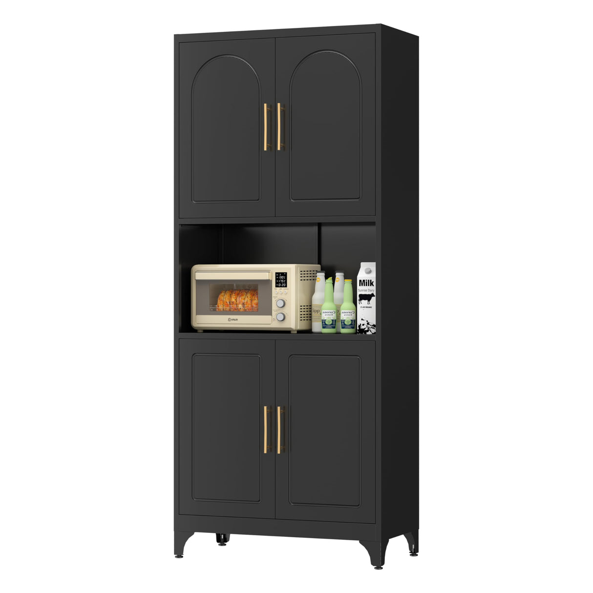 SteeLoong Kitchen Pantry Storage Cabinet with Microwave Stand，Black 75" Tall Metal Cupboard with 4 Doors and Adjustable Shelves for Bathroom, Dining Room SteeLoong