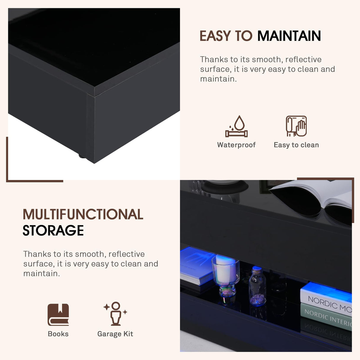 OC Orange-Casual LED Coffee Table with Storage, High Glossy Center Table with 2 Sliding Drawers, Modern Stylish Rectangle Coffee Table Double Layer with Open Display Shelf for Living Room (Black) OC Orange-Casual