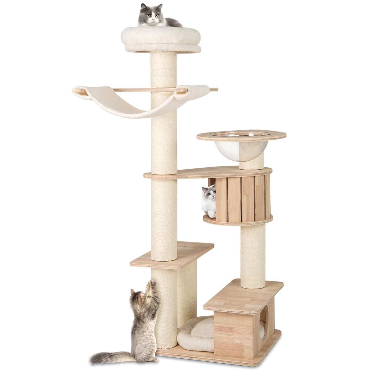 PETSITE 69 Inch Tall Wood Cat Tree, Multi-Level Modern Cat Tower with 5.7 inch Scratching Posts, Double Cat Condos, Space Capsule, Hammock, Large Wooden Cat Tree Tower for Indoor Cats, Natural PETSITE