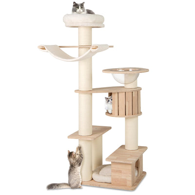 PETSITE 69 Inch Tall Wood Cat Tree, Multi-Level Modern Cat Tower with 5.7 inch Scratching Posts, Double Cat Condos, Space Capsule, Hammock, Large Wooden Cat Tree Tower for Indoor Cats, Natural