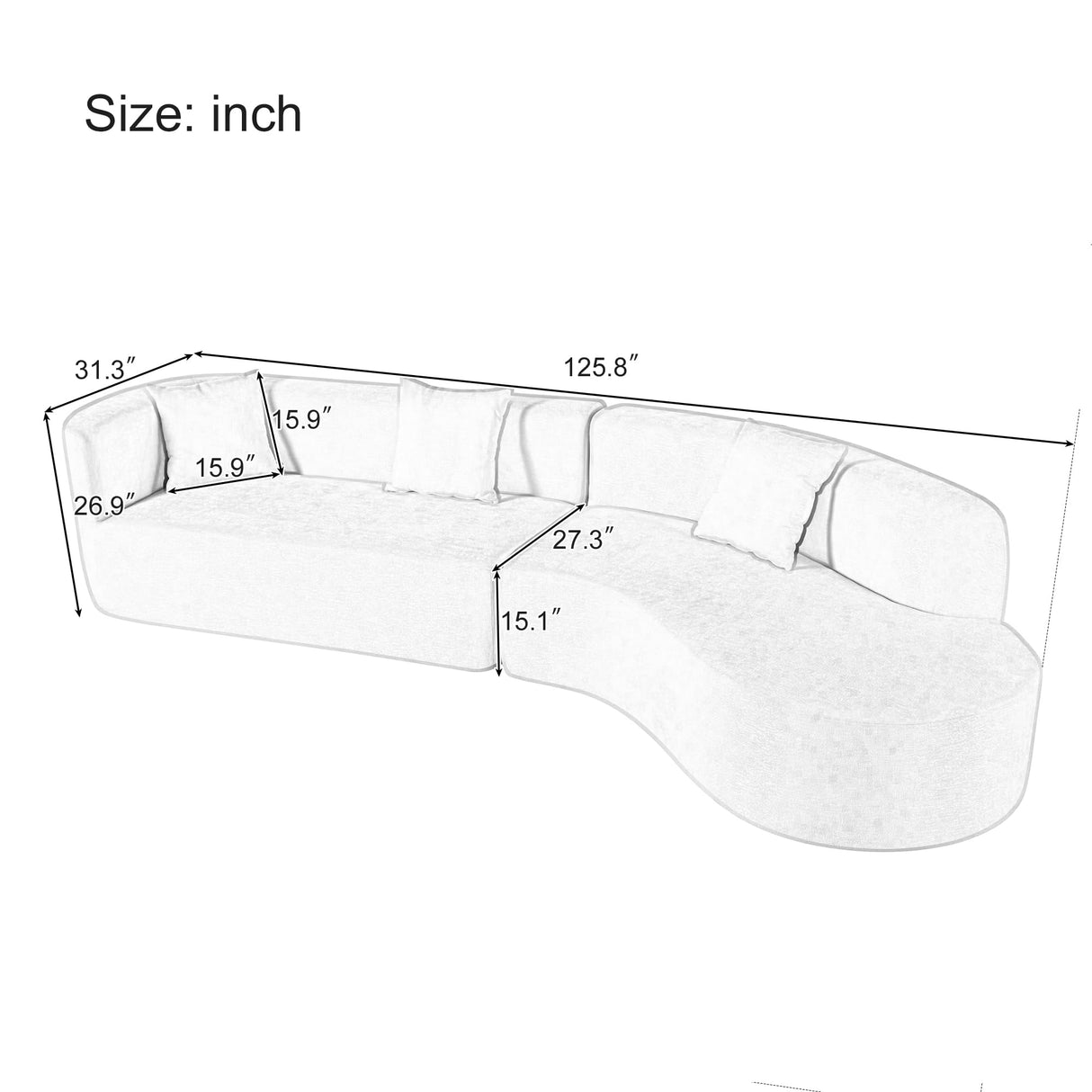 VnndeNest 125" Curved Sofa，Modern Half Moon Sectional Sofa, Comfy Chenille Fabric Upholstered Minimalist Sofa with 3 Pillows, 3 Seater Cloud Couch for Living Room, Apartment, Free Installation，Grey VnndeNest