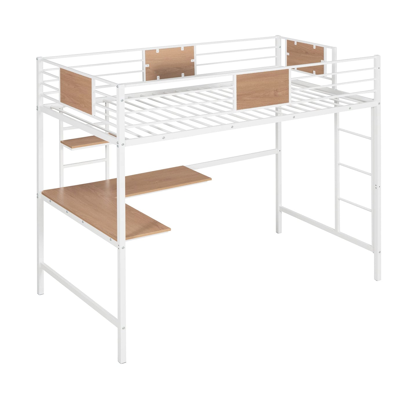 Twin Loft Bed with Desk and Storage Shelf, Metal Loft Bed Twin Size, Kids Loft Bed with Build in Ladder and Guardrails, Twin Loft Bed White