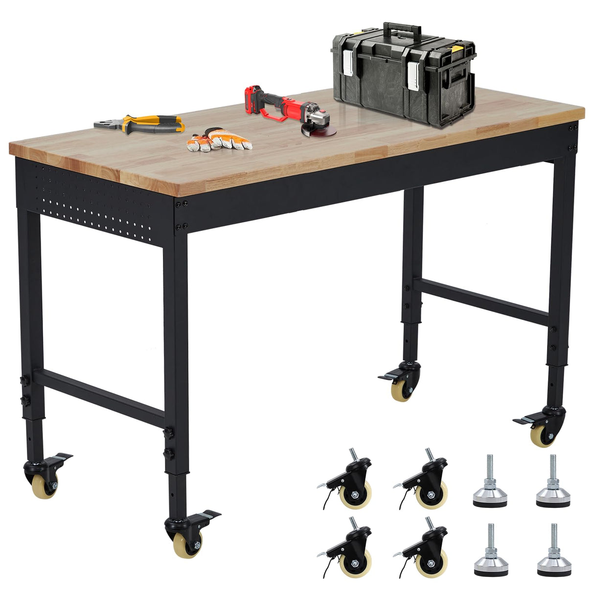 EuKer Workbench 72x25 Inch, Adjustable Height Worktable for Garage, Rubber Wood Top & Cold-Rolled Steel Table Workbench, Heavy Duty Workstation with Power Outlets & Wheels, 2000 Lbs Load Capacity Euker