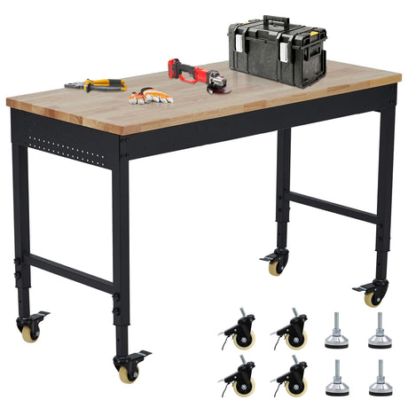EuKer Workbench 72x25 Inch, Adjustable Height Worktable for Garage, Rubber Wood Top & Cold-Rolled Steel Table Workbench, Heavy Duty Workstation with Power Outlets & Wheels, 2000 Lbs Load Capacity Euker