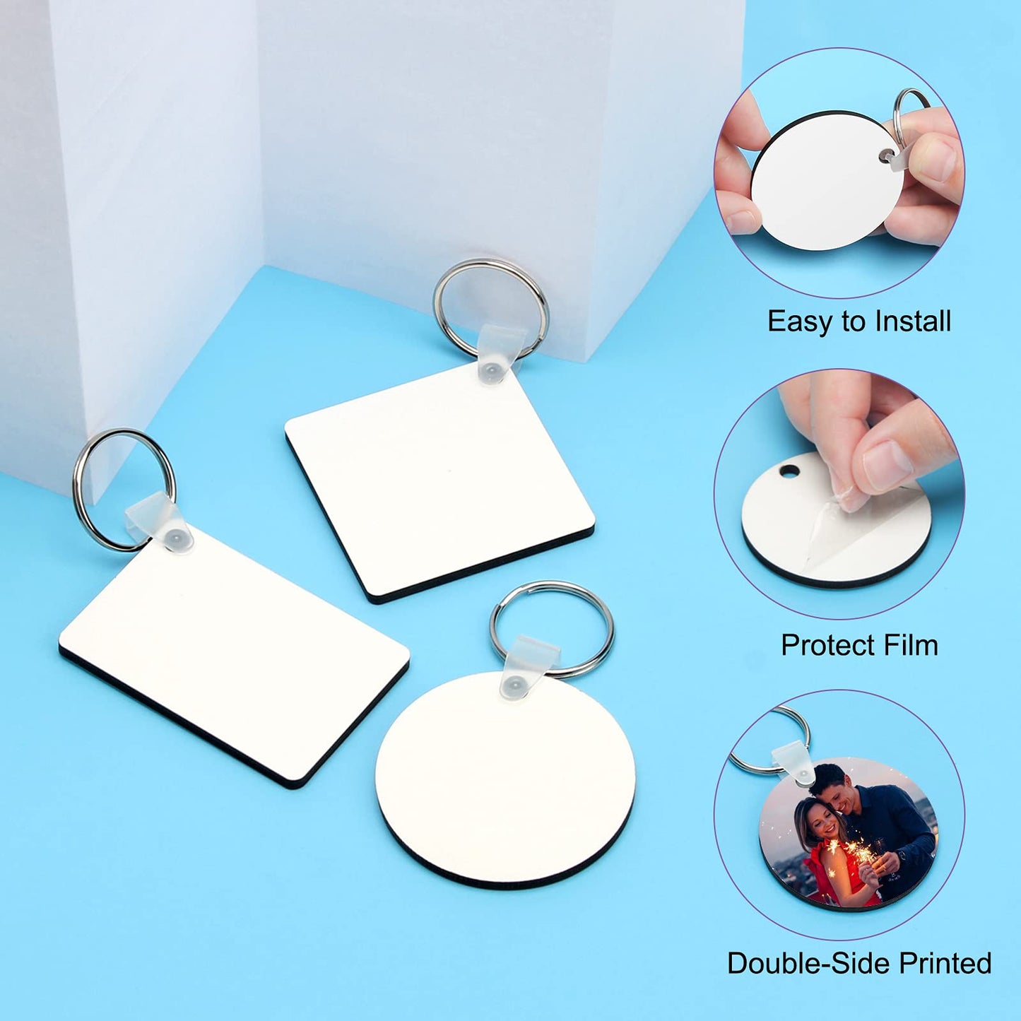 Coolrunner Sublimation Blank Keychain 30PCS Heat Transfer Keychain Double-Side Printed DIY MDF Blank Keychain （Square, Round, Rectangle）