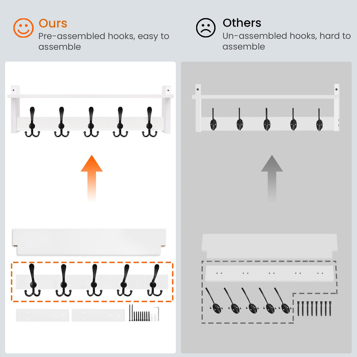 Homode Wall Shelf with Hooks, 24 Inch Coat Rack with Shelf, Farmhouse Entryway Floating Shelf with Tri Hooks, Coat Hanger with Storage for Bathroom, Entry Way, Mudroom, White Homode