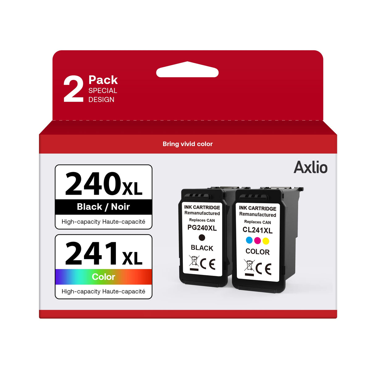 Axlio PG-240XL/CL-241XL Compatible Ink Cartridges Replacement for Canon 240 241, 240XL 241XL Combo Pack Use to Canon MG3620 TS5120 MG3520 MG2120 MX452 MX512 MX532 Printer (2 Pack) Axlio