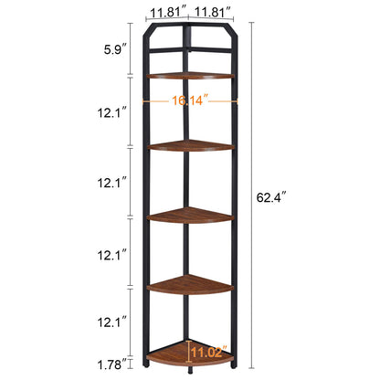 MNEETRUNG 5-Tier Industrial Corner Shelf - Freestanding Brown Bookshelf for Space-Saving Storage and Display - WoodArtSupply