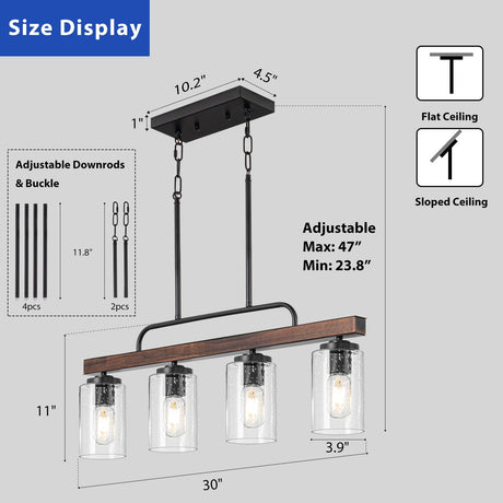 Farmhouse Dining Room Light Fixture, 4-Light Wood Kitchen Island Lighting, Industrial Chandeliers for Dining Room Over Table Black Pendant Light with Seeded Glass Shade for Bar Restaurant HOGBU
