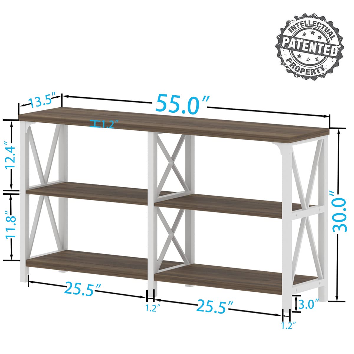 IBF Farmhouse Entryway Table, Wood TV Console Table, Long Rustic Metal Sofa Table, Industrial Hallway Table with Storage Shelves, Modern Foyer Tables for Front Entry Way, White and Rustic Oak, 55 in