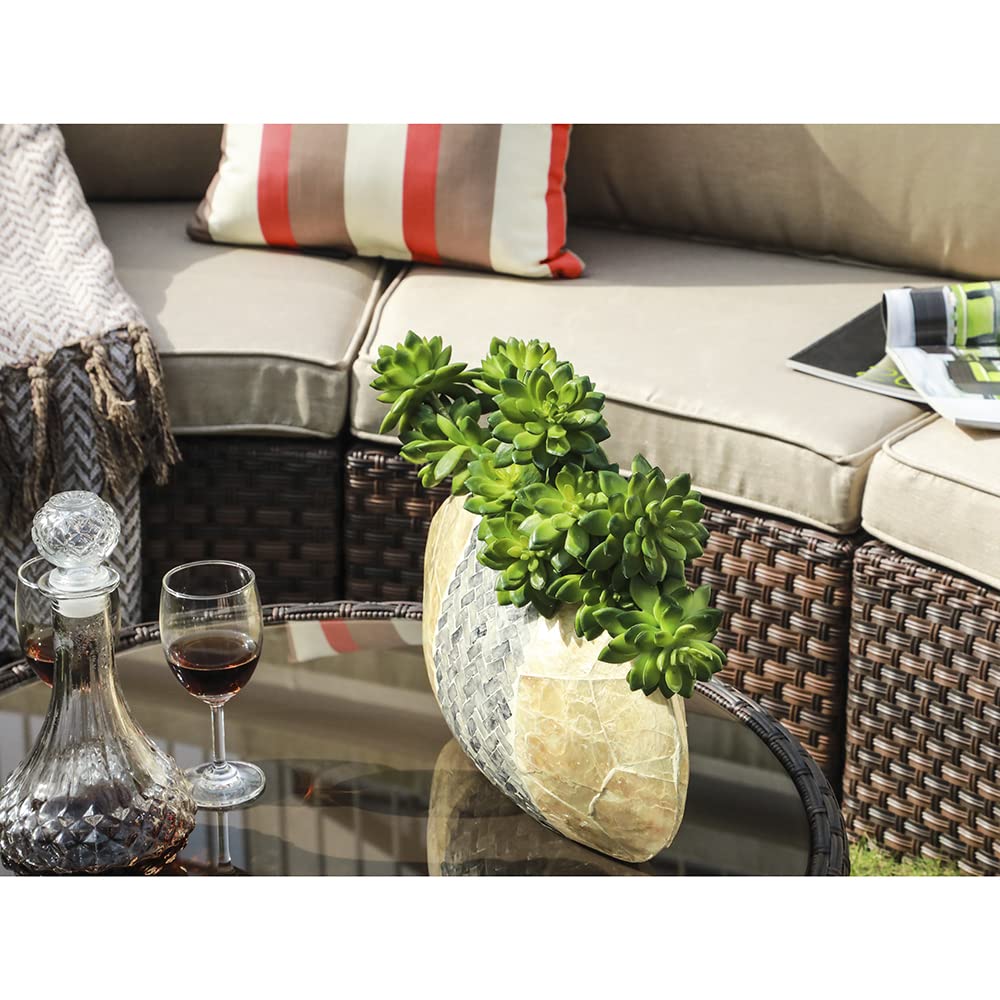 SUNSITT Round Outdoor Coffee Table with Tempered Glass Top, Rattan PE Resin Wicker Patio Side Table, Brown SUNSITT