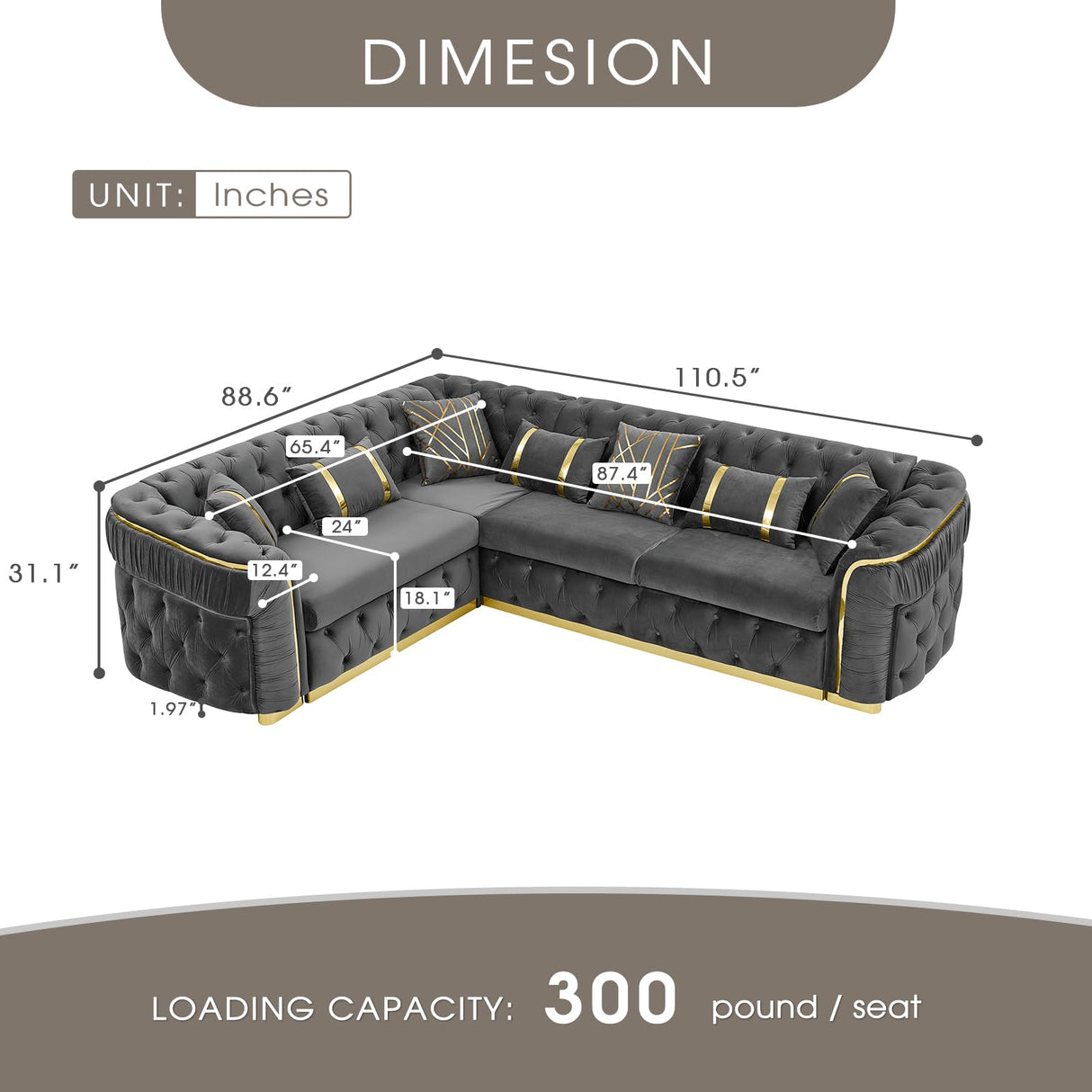110.5" Luxury Velvet L Shape Chesterfield Sofa Set with Glod Metal Accents, Oversize Victorian Curved Arm Sofa Sectional Couches for Living Room with 7 Pillows, Left Chaise, Gray WIN FORCE