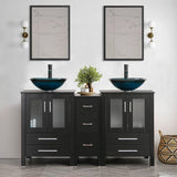 60" Black Bathroom Vanity,Double Vanity,0.5"Tempered Glass Vessel Sink (Light Blue),ORB Faucet,Drain Parts,Bathroom Vanity Top,Glass Sink Bowl,Vanity Pedestal,Mounting Ring Include,Mirror Not Included U-Eway