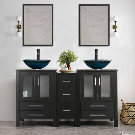 60" Black Bathroom Vanity,Double Vanity,0.5"Tempered Glass Vessel Sink (Light Blue),ORB Faucet,Drain Parts,Bathroom Vanity Top,Glass Sink Bowl,Vanity Pedestal,Mounting Ring Include,Mirror Not Included U-Eway