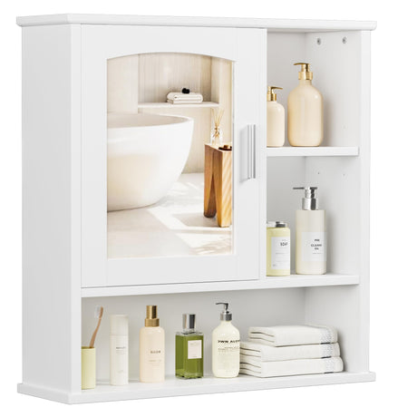 VECELO Bathroom Wall Cabinet with Mirror, Wall Mounted Medicine Cabinets with Door and 3 Open Shelves, Adjustable Shelf, 16.8 x 22.5 x 7.2 Inches, White VECELO