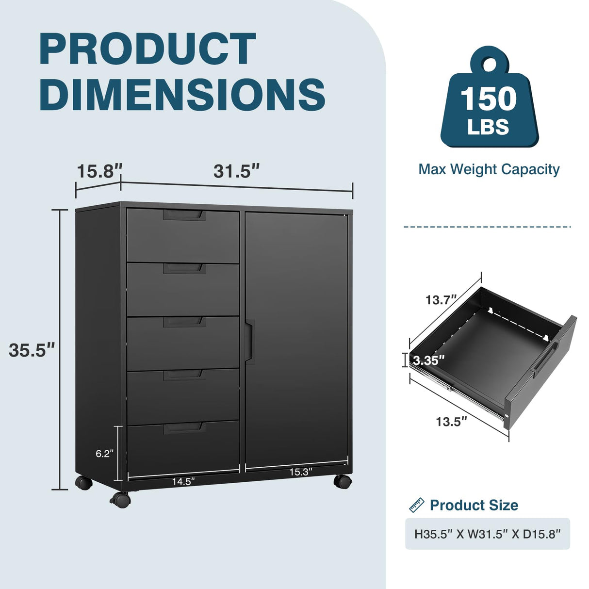 MIIIKO 5 Drawer Storage Cabinet with Door and Shelf, Mobile Lateral Cabinet on Wheels, Home Office Small Cabinet Organizer Printer Stand, Black File Cabinets MIIIKO