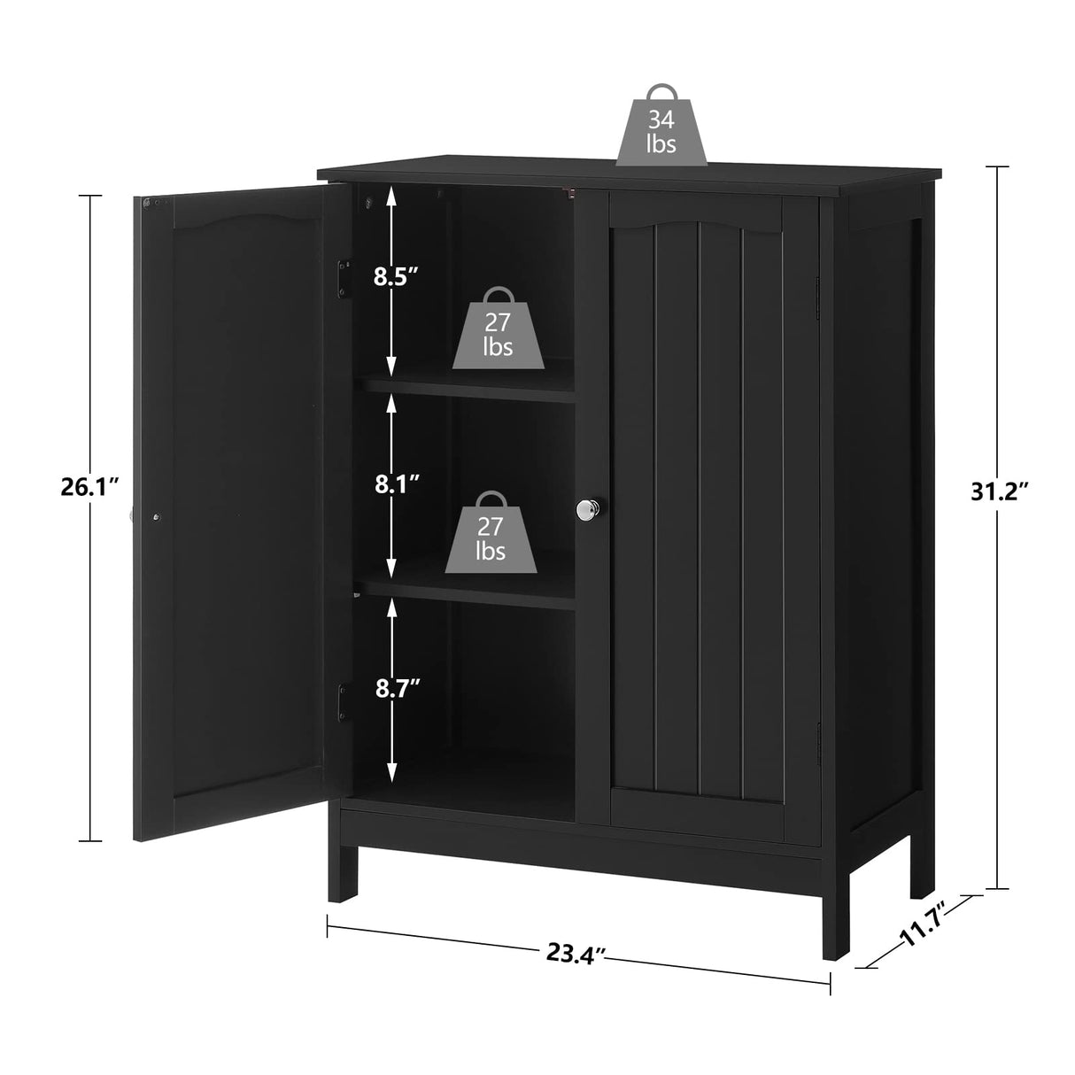 Iwell Bathroom Cabinet, Bathroom Storage Cabinet with 2 Doors & 2 Shelves, 3 Heights Available, Bathroom Floor Cabinet for Living Room, Bathroom, Kitchen, Home Office, Black Iwell