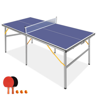 Zevemomo Portable Table Tennis Table, 6FT Mid-Size Foldable Ping Pong Game Set for Indoor/Outdoor, Ping Pong Table Top with Net, 2 Paddles and 3 Balls, Table Tennis Set 10 Minute Quick & Easy Assembly