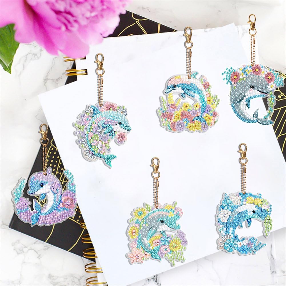YUE ZHE 6PCS Dolphin Diamond Painting Keychains Dolphin Diamond Art Kits for Adults Double Sided DIY 6D Painting for Adults Beginners DIY Crafts Decor YUE ZHE