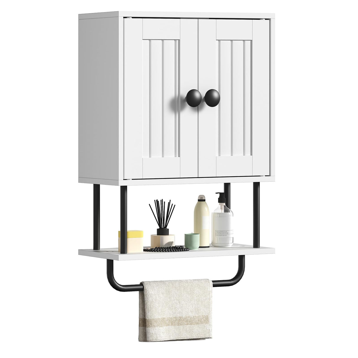 HOOBRO Bathroom Wall Cabinet, Modern Medicine Cabinet with Open and Adjustable Shelf, Over The Toilet Storage Cabinet with Towel Bar, Wall Mounted Organizer for Bathroom, Kitchen, White and Black HOOBRO