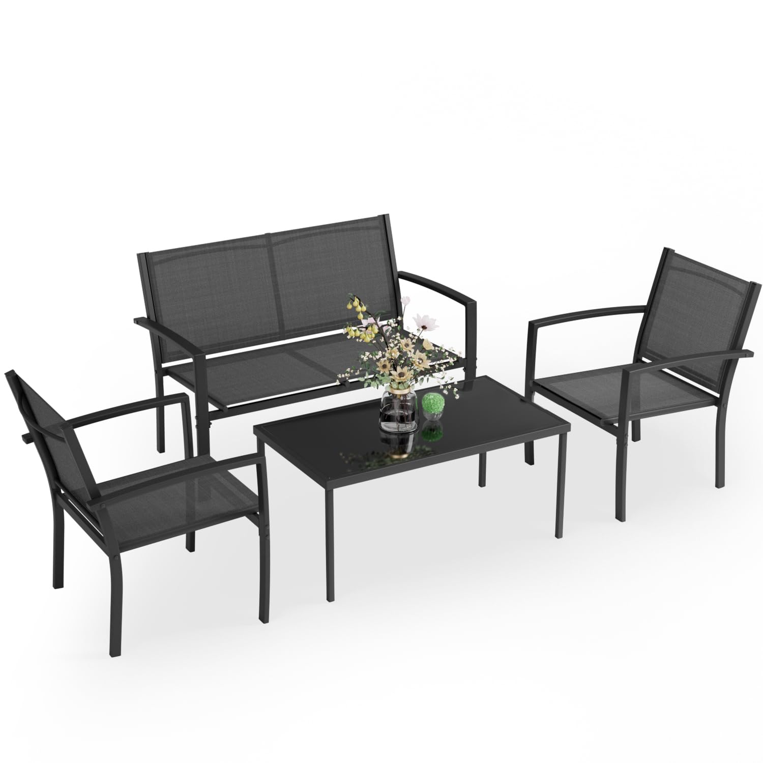 Greesum 4 Pieces Patio Furniture Set, Outdoor Conversation Sets for Patio, Lawn, Garden, Poolside with A Glass Coffee Table, Black - WoodArtSupply