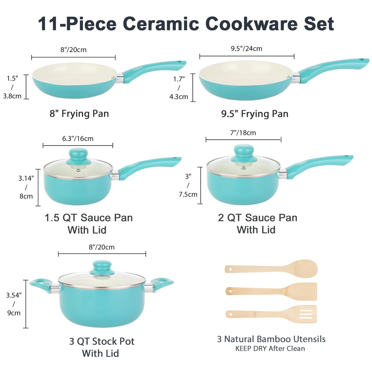 M MELENTA Pots and Pans Set Nonstick, 11pcs Kitchen Cookware Sets Induction Cookware, Ceramic Non Stick Cooking Set, Stay Cool Handle & Bamboo Kitchen Utensils, 100% PFOA Free, Turquoise M MELENTA