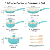 M MELENTA Pots and Pans Set Nonstick, 11pcs Kitchen Cookware Sets Induction Cookware, Ceramic Non Stick Cooking Set, Stay Cool Handle & Bamboo Kitchen Utensils, 100% PFOA Free, Turquoise M MELENTA