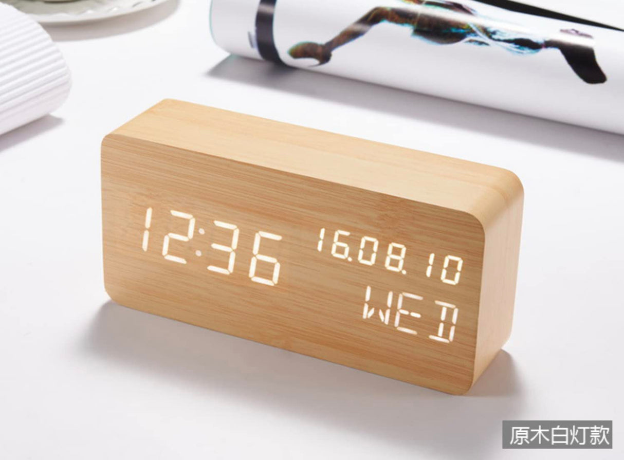 Pokanic Wood Digital Alarm Clock Desk Time, Date(MM/DD/YY), Day of The Week, Temperature, Nightlight Large LED Display Portable Lamp Bedroom, Office, School, Home, Livingroom, Room (Bamboo) Pokanic