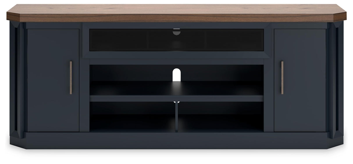 Signature Design by Ashley Landocken Contemporary 83" TV Stand for TVs up to 95" with Fireplace Option, 2 Cabinets, 2 Doors, 2 Adjustable Shelves, Open Cubbies and Cord Openings, Dark Brown & Blue Signature Design by Ashley