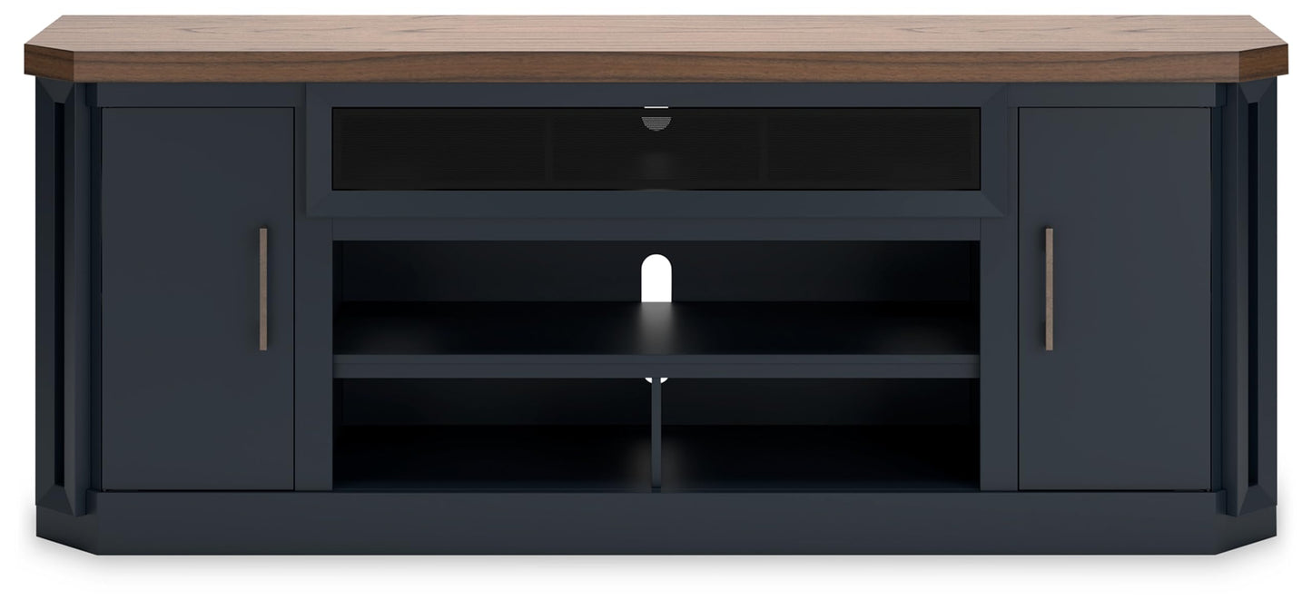 Signature Design by Ashley Landocken Contemporary 83" TV Stand for TVs up to 95" with Fireplace Option, 2 Cabinets, 2 Doors, 2 Adjustable Shelves, Open Cubbies and Cord Openings, Dark Brown & Blue