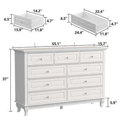 MOUMON Chest of Drawers 9 Drawer Dresser, Modern Contemporary Dresser with Sliver Handles, Wooden Legs, 9 Drawer Cabinet White Dresser for Bedroom (55.1”W x 15.7”D x 37”H) - WoodArtSupply